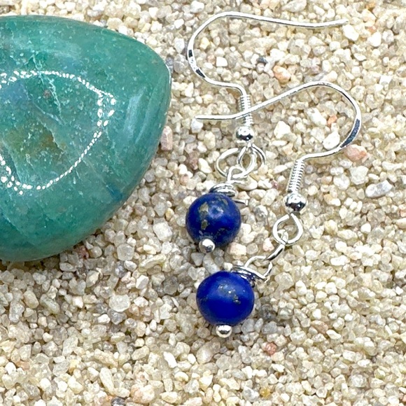 Lapis lazuli dainty spheres dangle 925 sterling earrings / - Picture 1 of 4